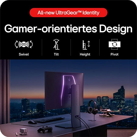 Ergonomisches Gaming-Design mit Schwenk-, Neige-, Höhenverstellung und Pivot-Funktion.