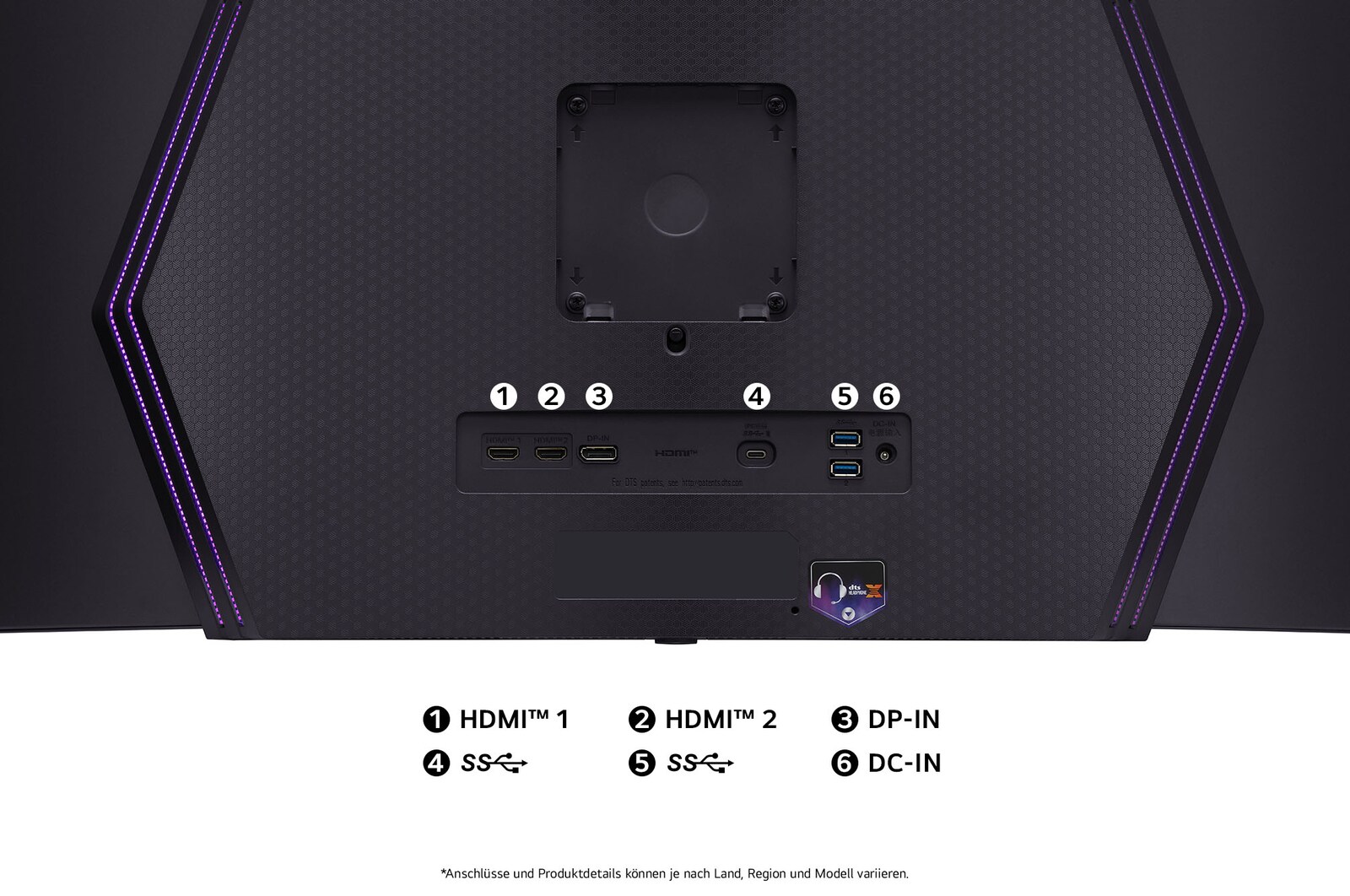 Rückansicht des LG UltraGear 45-Zoll Gaming-Monitors mit Anschlussmöglichkeiten für mehrere Geräte.