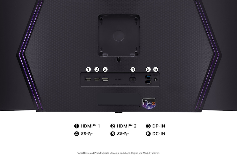 Rückansicht des LG UltraGear 45-Zoll Gaming-Monitors mit Anschlussmöglichkeiten für mehrere Geräte.