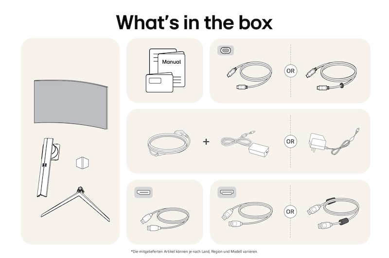 What’s in the box – LG UltraGear 45-Zoll Gaming-Monitor mit Standfußteilen, Handbüchern, Netzteil und Verbindungskabeln.
