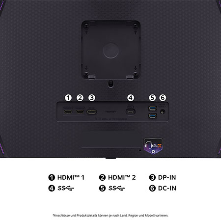 Rückansicht des LG UltraGear 45-Zoll Gaming-Monitors mit Anschlussmöglichkeiten für mehrere Geräte.