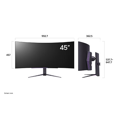 Vorder- und Seitenansicht mit Abmessungen des LG UltraGear 45-Zoll Curved Gaming-Monitors mit verstellbarem Standfuß.