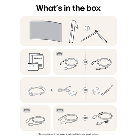 What’s in the box – LG UltraGear 45-Zoll Gaming-Monitor mit Standfußteilen, Handbüchern, Netzteil und Verbindungskabeln.