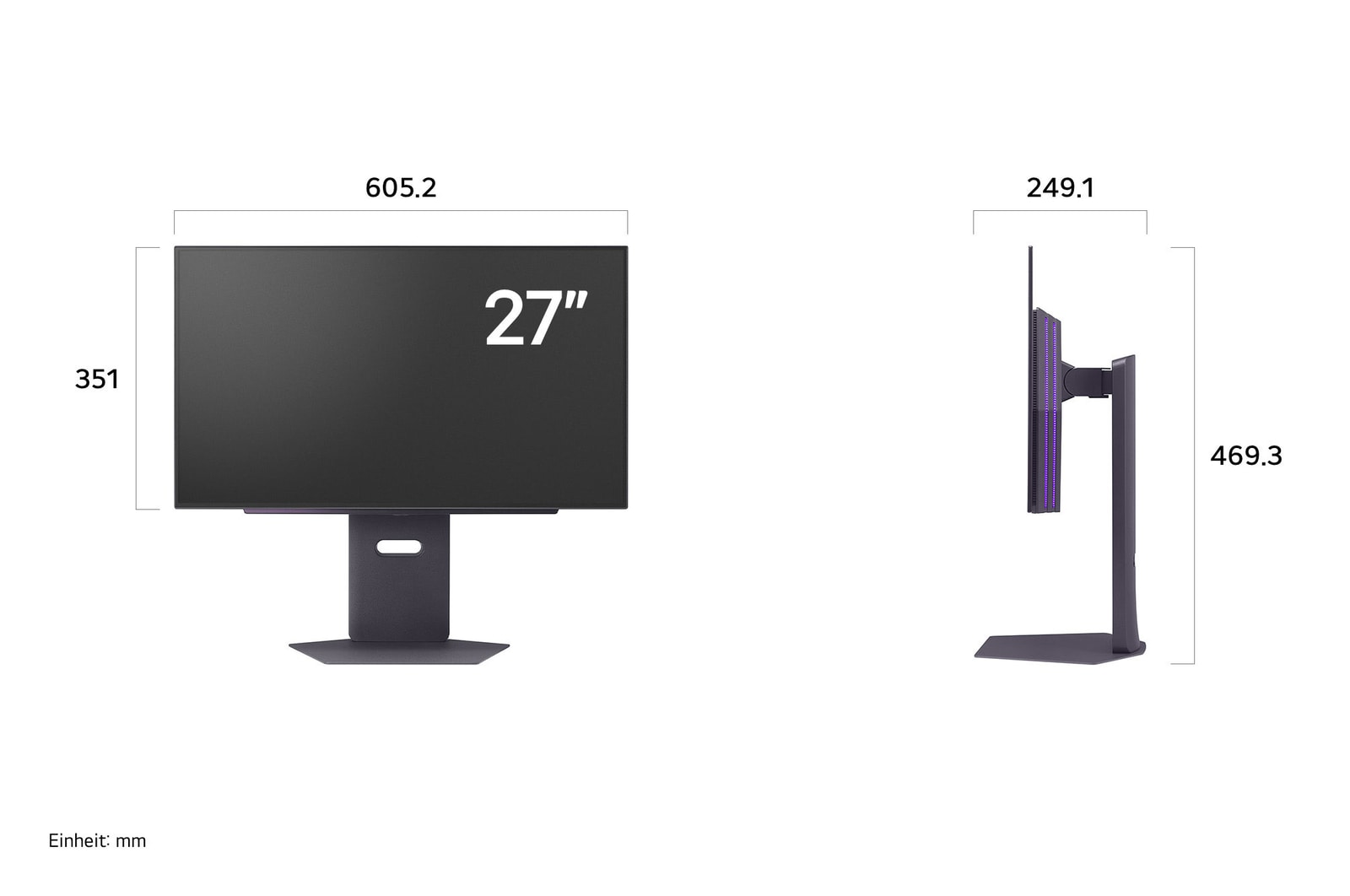 Detaillierte Maßangaben des ergonomischen Standfußes des 27GX790A-B mit Höhen-, Neigungs- und Drehfunktion für flexible Aufstellung.