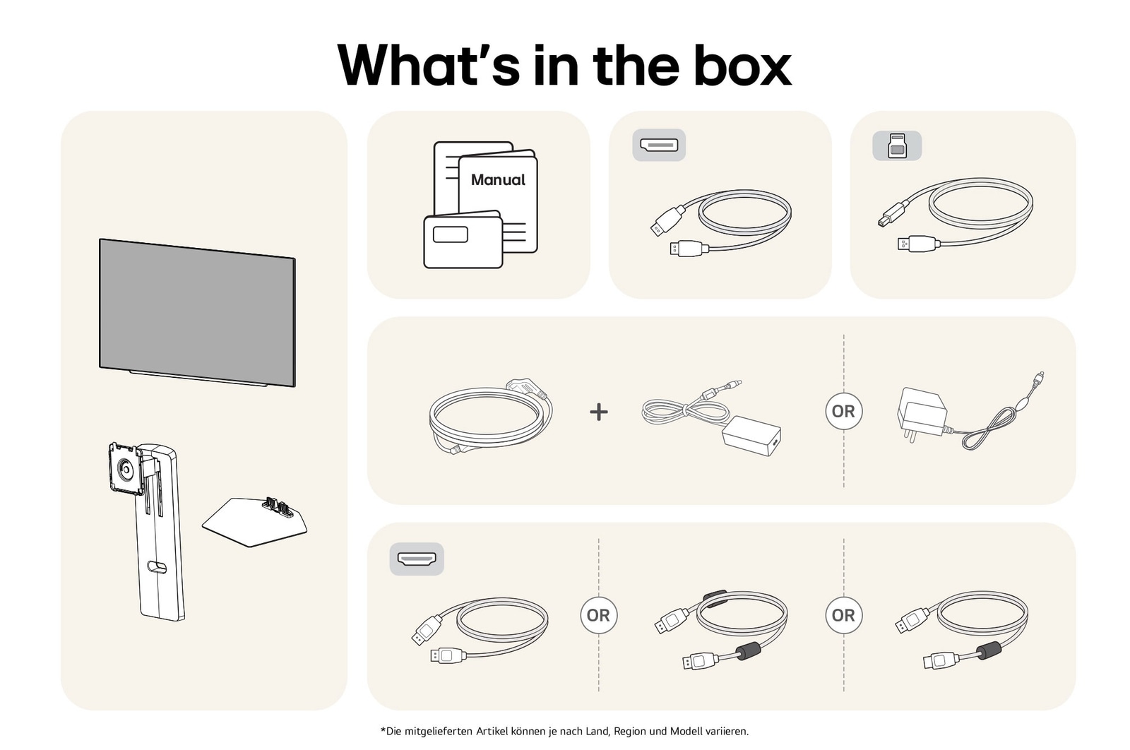 Alle Inhalte des 27GX790A-B-Kartons: OLED-Display, Standfuß, Netzkabel und Anschlusskabel (DP/HDMI) für die sofortige Inbetriebnahme.