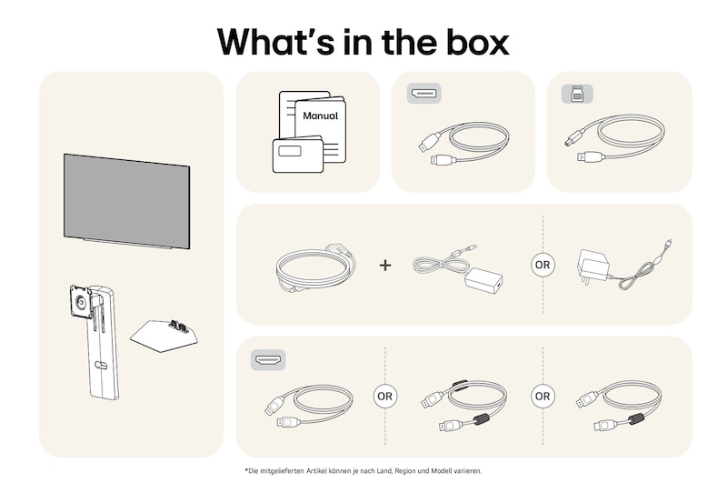Alle Inhalte des 27GX790A-B-Kartons: OLED-Display, Standfuß, Netzkabel und Anschlusskabel (DP/HDMI) für die sofortige Inbetriebnahme.