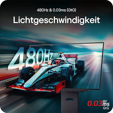 Blitzschnelle Performance mit 480Hz Bildwiederholrate und 0,03ms Reaktionszeit für flüssiges Gameplay.