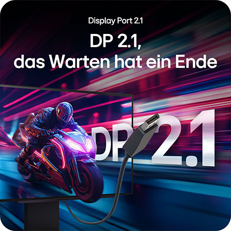 Next-Gen-Konnektivität mit DisplayPort 2.1 Unterstützung für schnelle, nahtlose Gaming-Bilder.