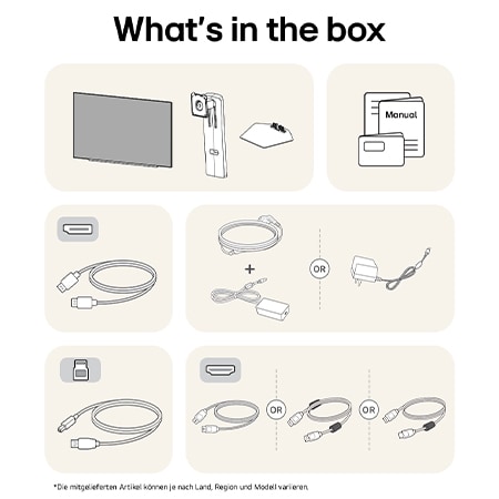 Alle Inhalte des 27GX790A-B-Kartons: OLED-Display, Standfuß, Netzkabel und Anschlusskabel (DP/HDMI) für die sofortige Inbetriebnahme.