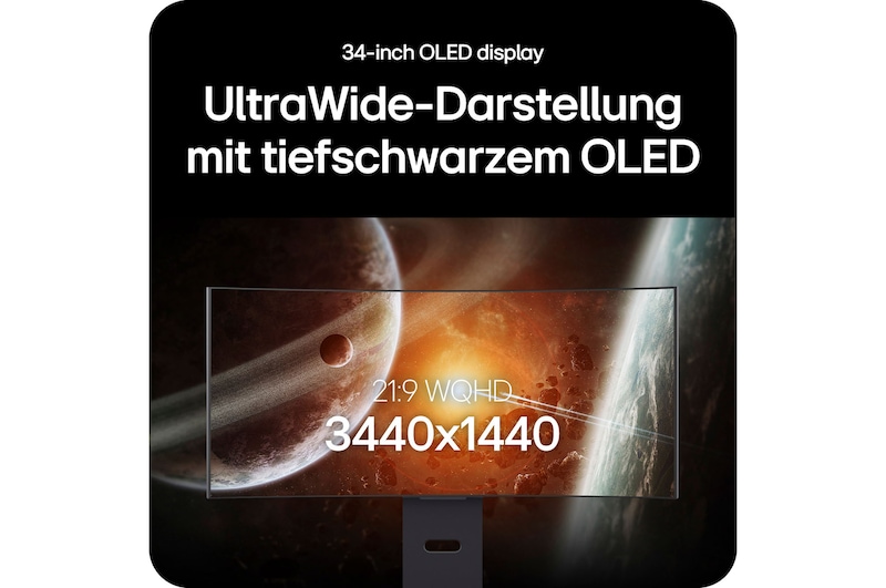 34-Zoll UltraWide OLED Gaming-Monitor mit 3440x1440 Auflösung für tiefe Schwarztöne und ein immersives Seherlebnis.
