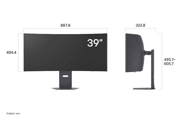 Vorder- und Seitenansicht mit Abmessungen des LG UltraGear 39-Zoll Gaming-Monitors mit ergonomischem Standfuß.