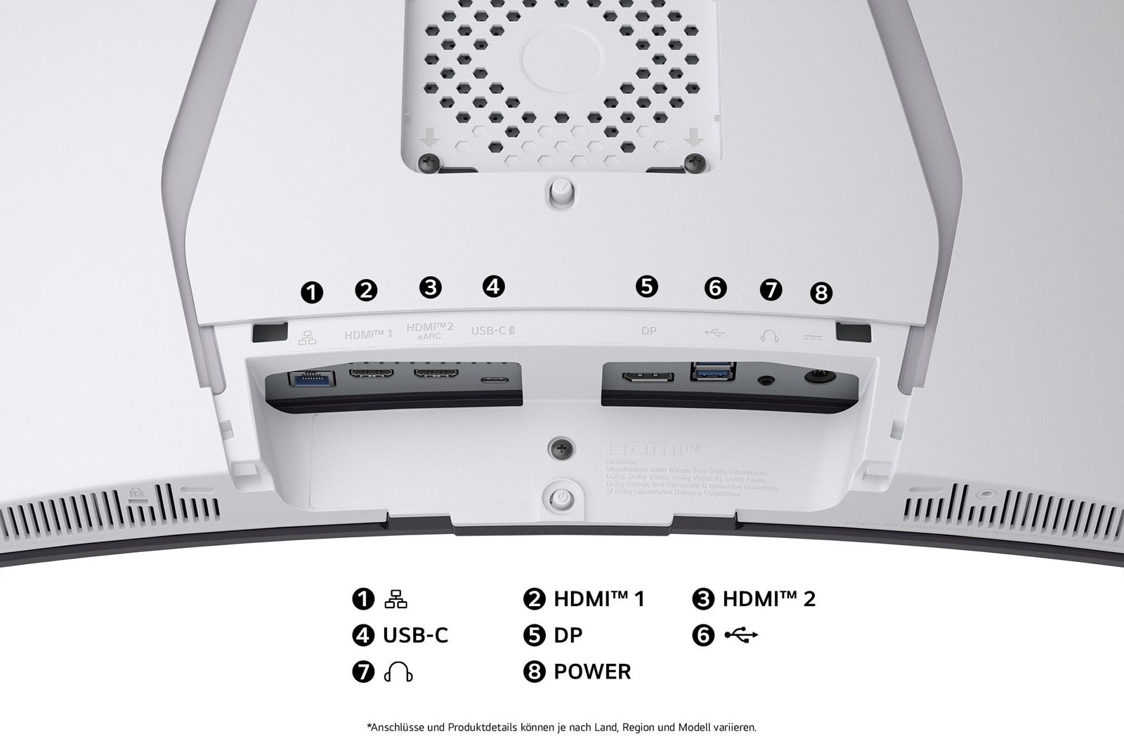 Rückansicht des LG UltraGear 34-Zoll Gaming-Monitors mit mehreren Anschlüssen für vielseitige Geräteverbindungen.