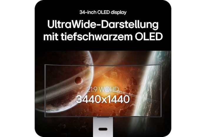 34-Zoll UltraWide OLED Gaming-Monitor mit 3440x1440 Auflösung für tiefe Schwarztöne und ein immersives Seherlebnis.