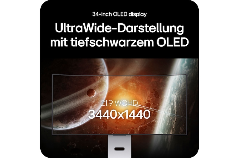 34-Zoll UltraWide OLED Gaming-Monitor mit 3440x1440 Auflösung für tiefe Schwarztöne und ein immersives Seherlebnis.