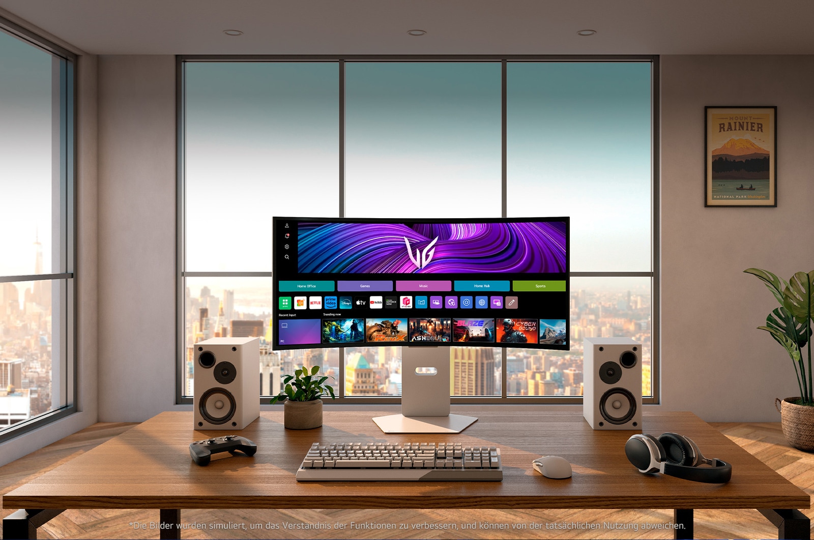 LG UltraGear 34-Zoll OLED Gaming-Monitor auf modernem Schreibtisch mit Gaming-Zubehör und Stadtblick im Hintergrund.