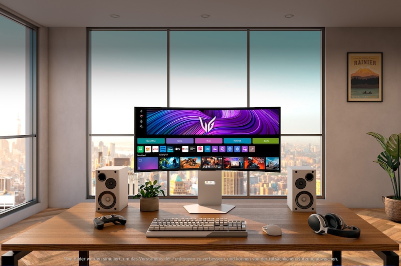 LG UltraGear 34-Zoll OLED Gaming-Monitor auf modernem Schreibtisch mit Gaming-Zubehör und Stadtblick im Hintergrund.