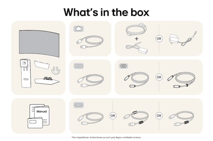 What’s in the box: LG UltraGear Gaming-Monitor, Standfuß, Basis, Handbücher, Netzadapter und Verbindungskabel.