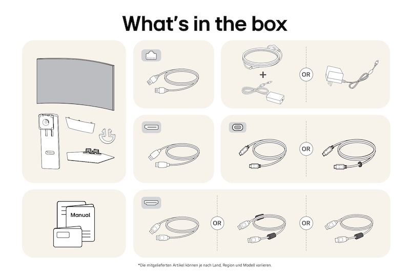 What’s in the box: LG UltraGear Gaming-Monitor, Standfuß, Basis, Handbücher, Netzadapter und Verbindungskabel.
