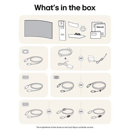 What’s in the box: LG UltraGear Gaming-Monitor, Standfuß, Basis, Handbücher, Netzadapter und Verbindungskabel.
