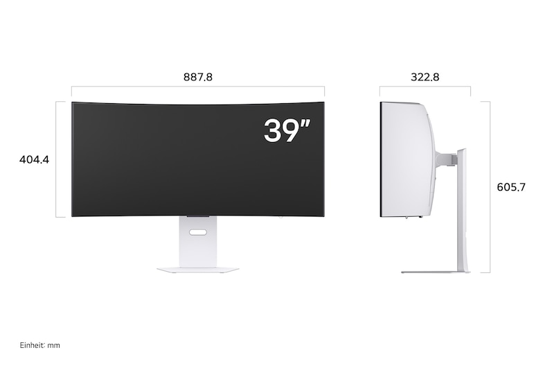 Vorder- und Seitenansicht mit Abmessungen des LG UltraGear 39-Zoll Gaming-Monitors mit ergonomischem Standfuß.
