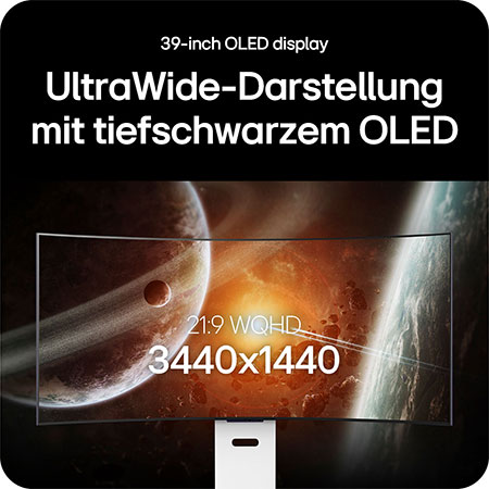 39-Zoll UltraWide OLED Gaming-Monitor mit 3440x1440 Auflösung für tiefe Schwarztöne und ein immersives Seherlebnis.