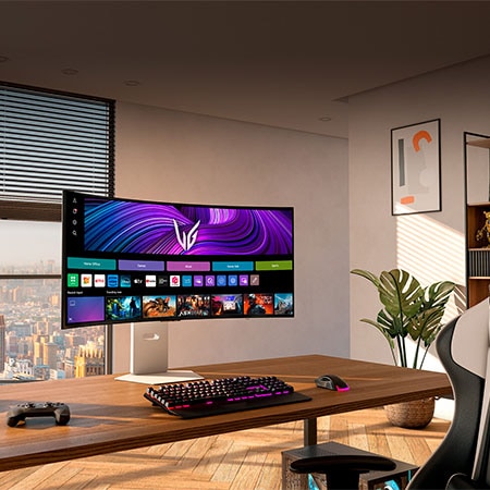 LG UltraGear 39-Zoll OLED Gaming-Monitor auf modernem Schreibtisch mit Gaming-Zubehör und Stadtblick im Hintergrund.