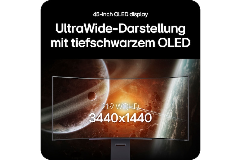 45-Zoll UltraWide OLED Gaming-Monitor mit 3440x1440 Auflösung für tiefe Schwarztöne und ein immersives Seherlebnis.