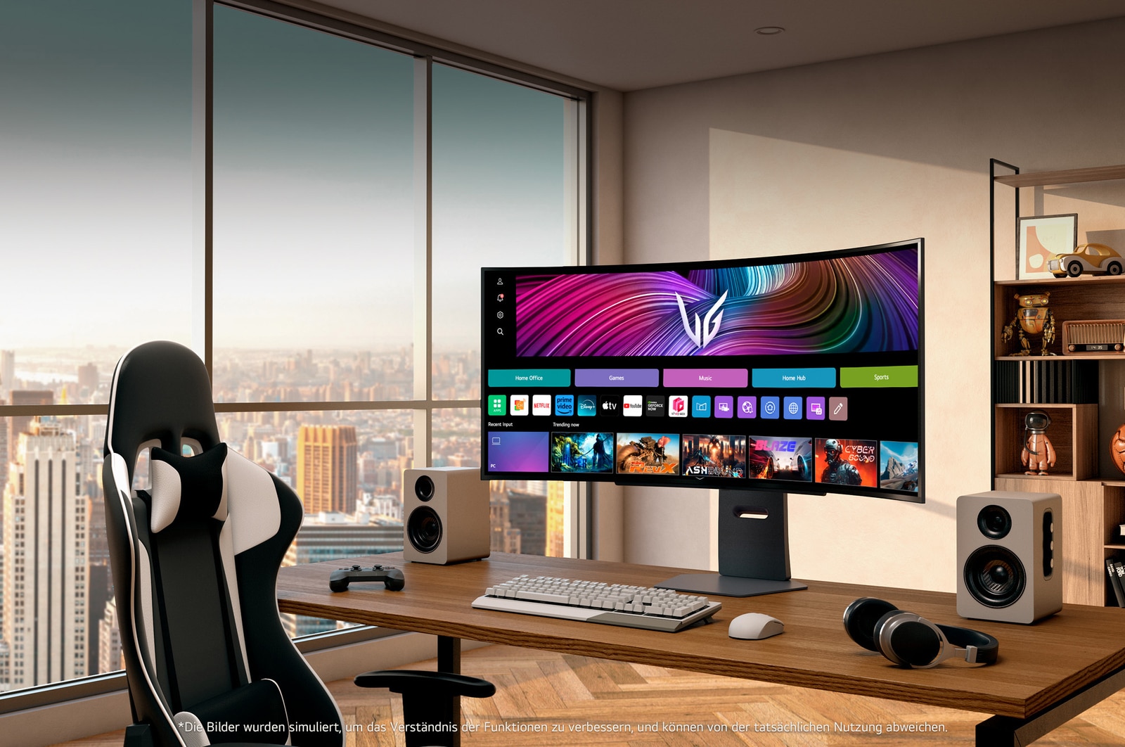 LG UltraGear 45-Zoll OLED Gaming-Monitor auf modernem Schreibtisch mit Gaming-Zubehör und Stadtblick im Hintergrund.