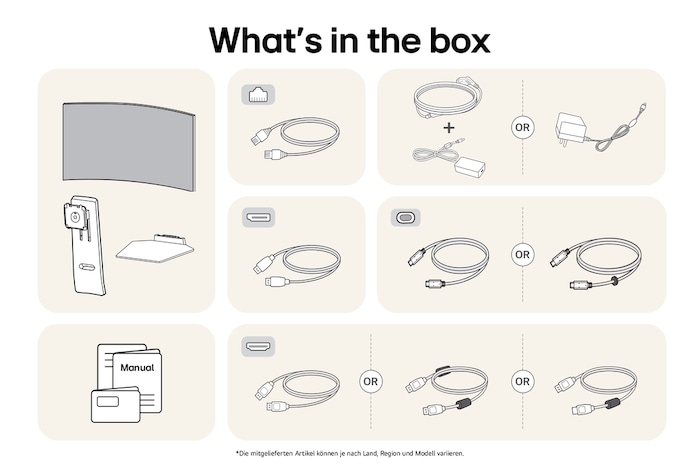 What’s in the box: LG UltraGear 45-Zoll Gaming-Monitor, Standfuß, Basis, Handbücher, Netzadapter und Verbindungskabel.