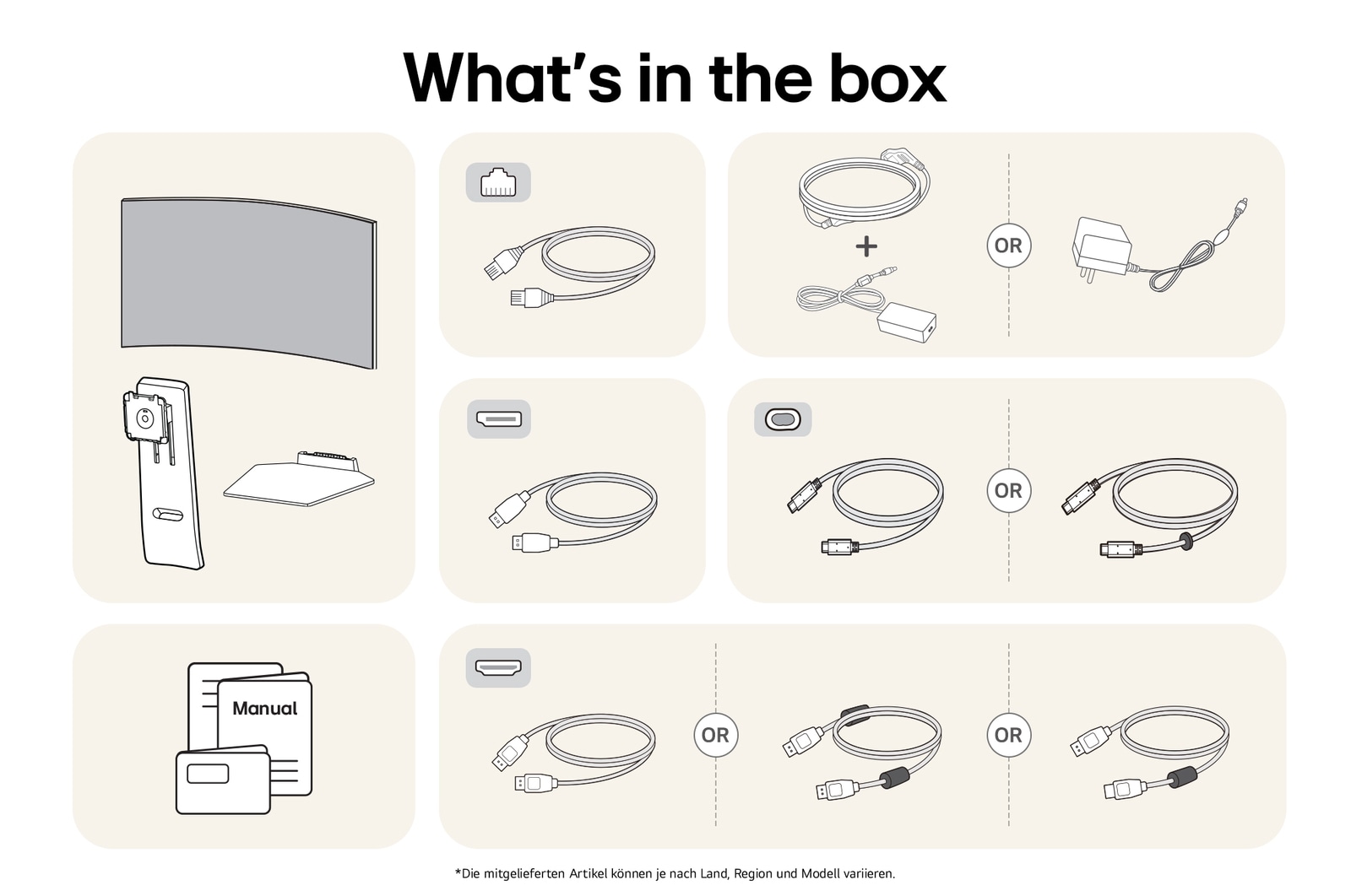 What’s in the box: LG UltraGear 45-Zoll Gaming-Monitor, Standfuß, Basis, Handbücher, Netzadapter und Verbindungskabel.