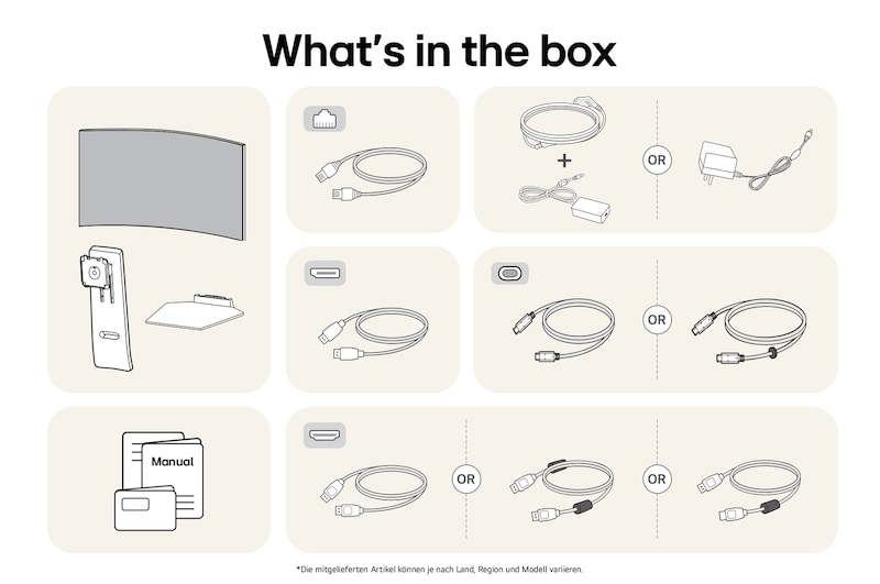 What’s in the box: LG UltraGear 45-Zoll Gaming-Monitor, Standfuß, Basis, Handbücher, Netzadapter und Verbindungskabel.