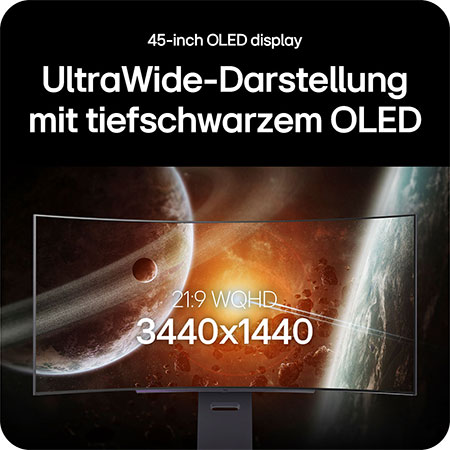 45-Zoll UltraWide OLED Gaming-Monitor mit 3440x1440 Auflösung für tiefe Schwarztöne und ein immersives Seherlebnis.