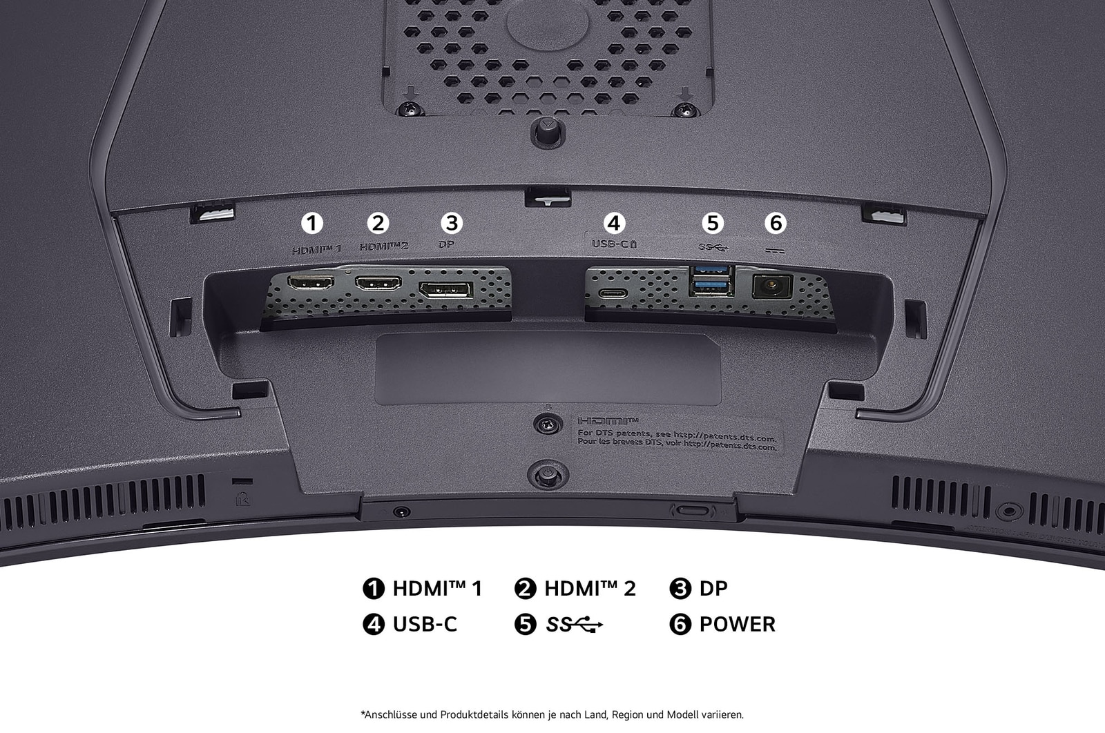 Rückansicht des LG UltraGear 45-Zoll Gaming-Monitors mit mehreren Anschlüssen für vielseitige Geräteverbindungen.