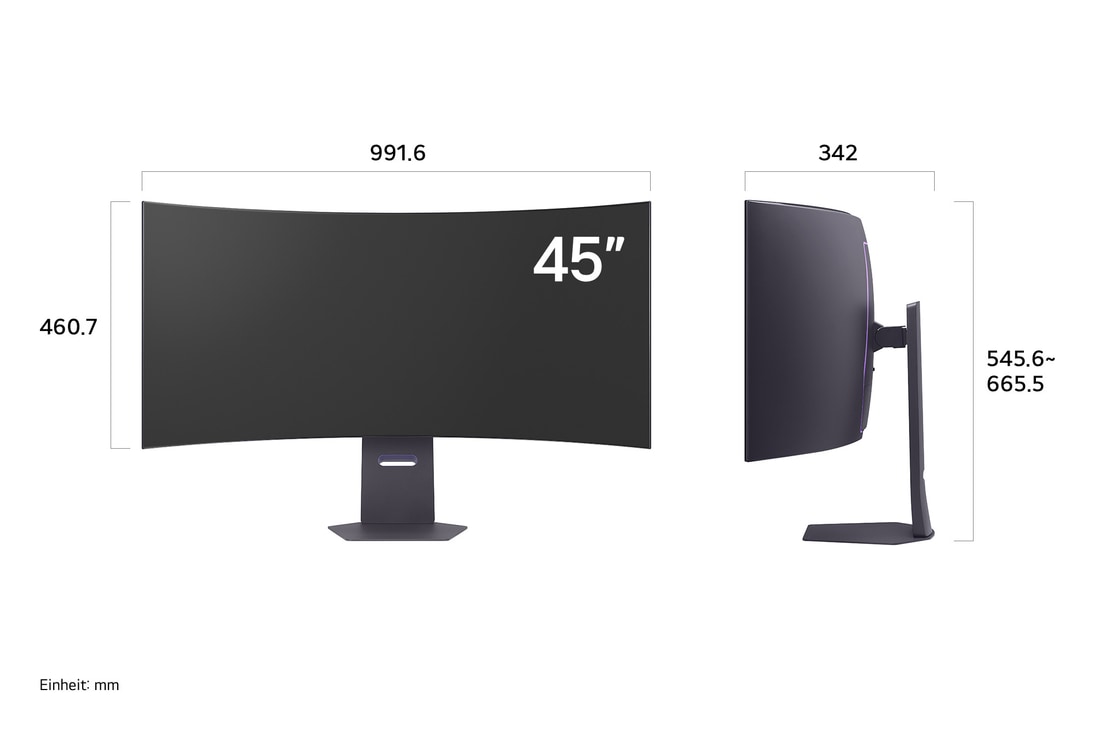 Vorder- und Seitenansicht mit Abmessungen des LG UltraGear 45-Zoll Gaming-Monitors mit ergonomischem Standfuß.