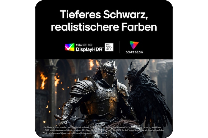 DisplayHDR 400 mit 98,5 % DCI-P3 für tiefere Schwarztöne und realistische Farbdarstellung.