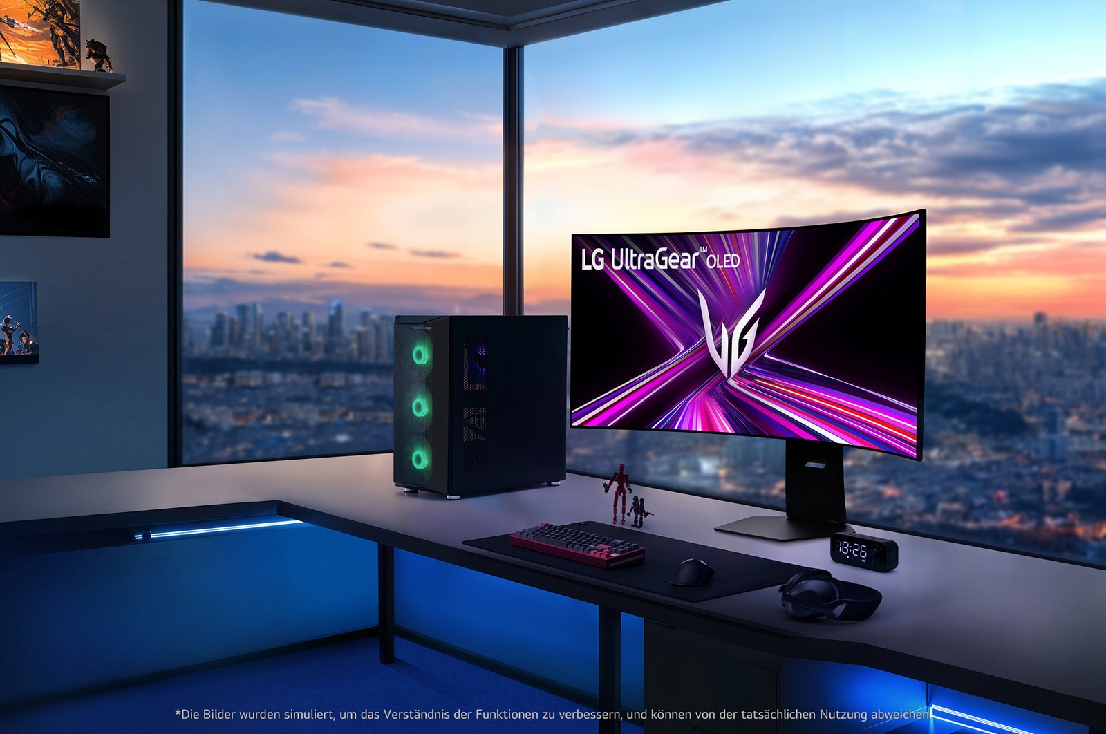 LG UltraGear 45-Zoll OLED Gaming-Monitor auf modernem Schreibtisch mit Gaming-Zubehör und Stadtblick im Hintergrund.