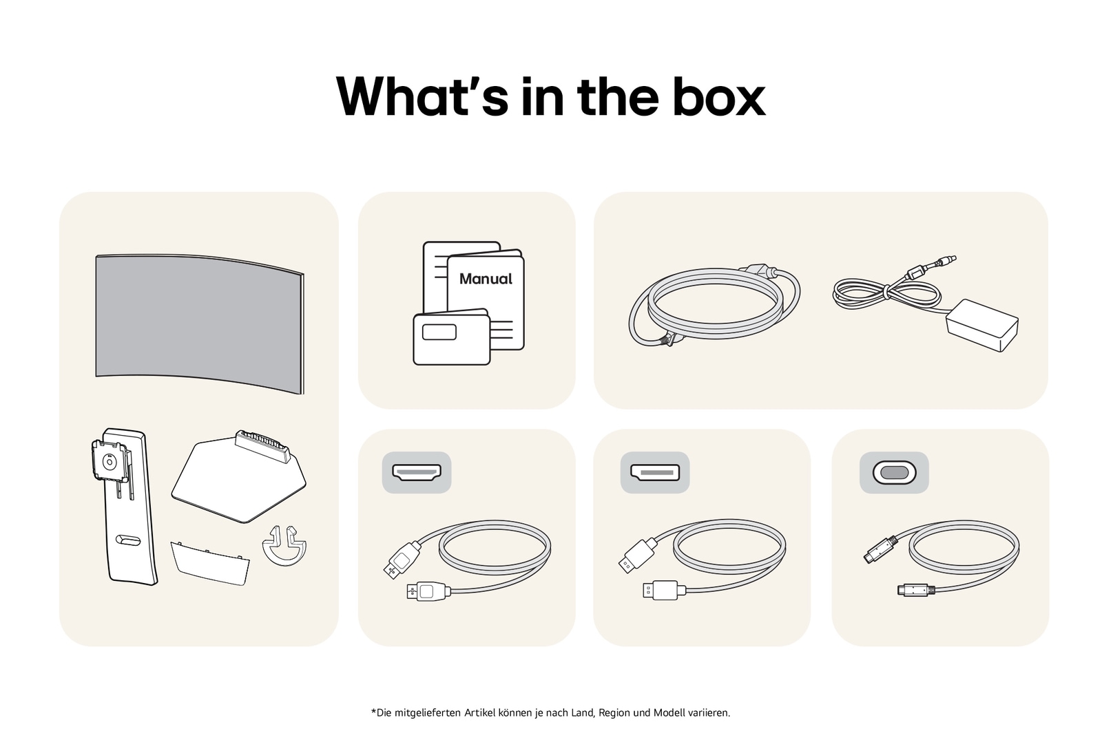 What’s in the box: LG UltraGear 45-Zoll Gaming-Monitor, Standfuß, Basis, Handbücher, Netzadapter und Verbindungskabel.