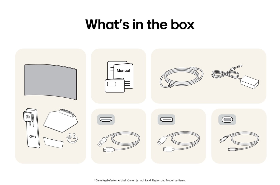 What’s in the box: LG UltraGear 45-Zoll Gaming-Monitor, Standfuß, Basis, Handbücher, Netzadapter und Verbindungskabel.