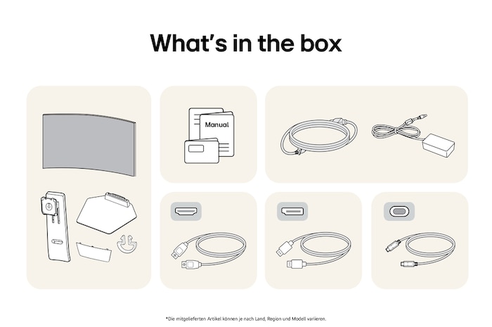 What’s in the box: LG UltraGear 45-Zoll Gaming-Monitor, Standfuß, Basis, Handbücher, Netzadapter und Verbindungskabel.