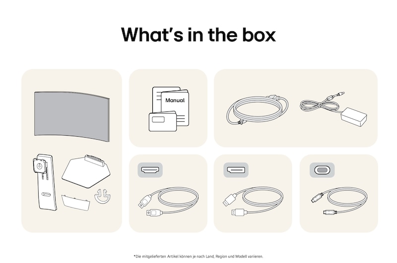 What’s in the box: LG UltraGear 45-Zoll Gaming-Monitor, Standfuß, Basis, Handbücher, Netzadapter und Verbindungskabel.