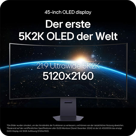 45-Zoll UltraWide OLED Gaming-Monitor mit 3440x1440 Auflösung für tiefe Schwarztöne und ein immersives Seherlebnis.