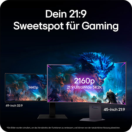 Breiter 21:9 UltraWide QHD Bildschirm für ein erweitertes Sichtfeld und optimierte Gaming-Performance.