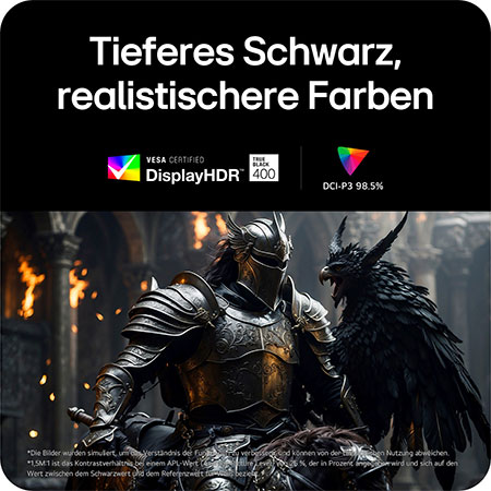 DisplayHDR 400 mit 98,5 % DCI-P3 für tiefere Schwarztöne und realistische Farbdarstellung.