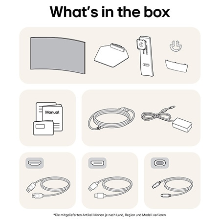 What’s in the box: LG UltraGear 45-Zoll Gaming-Monitor, Standfuß, Basis, Handbücher, Netzadapter und Verbindungskabel.