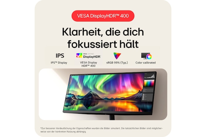 HDR10 mit IPS-Panel und 99 % sRGB-Abdeckung für detailreiche Kontraste und lebendige Farben.