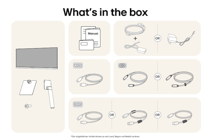 What’s in the box – LG UltraWide 34-Zoll Monitor mit Standfußteilen, Handbüchern, Netzteil und Verbindungskabeln.