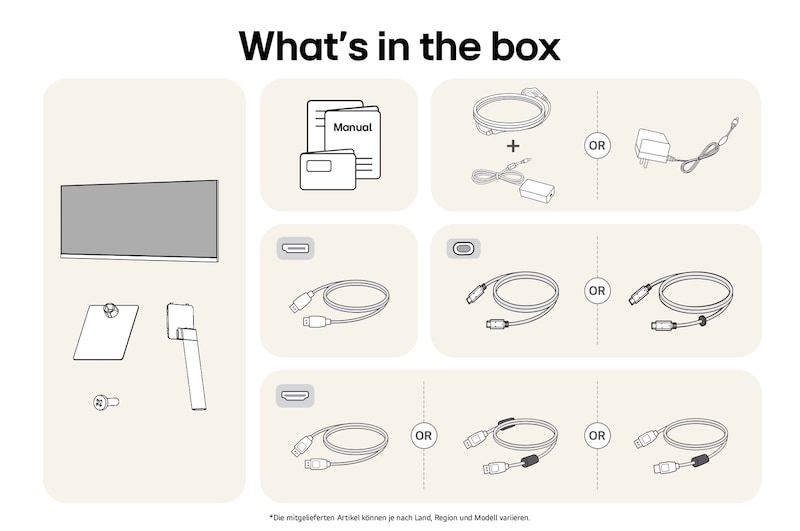 What’s in the box – LG UltraWide 34-Zoll Monitor mit Standfußteilen, Handbüchern, Netzteil und Verbindungskabeln.