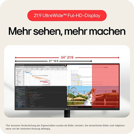21:9 UltraWide Full HD Display für mehr Arbeitsfläche zum Multitasking und verbessertes Seherlebnis.
