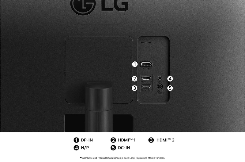 Rückansicht des LG UltraWide 34-Zoll Monitors mit mehreren Anschlussmöglichkeiten für vielseitige Geräteverbindungen.