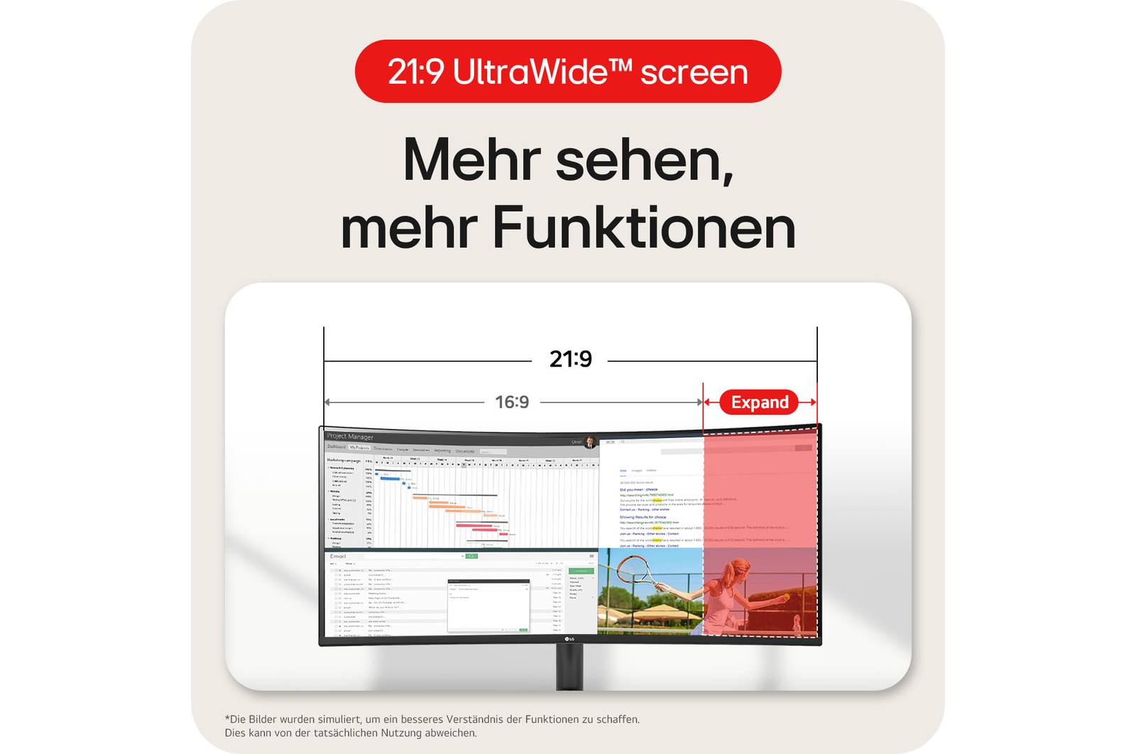 34-Zoll UltraWide 21:9 Bildschirm mit erweitertem Arbeitsbereich im Vergleich zu 16:9 Monitoren.